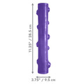 Purple stick-shaped dog toy with raised bumps. Shown with product dimensions