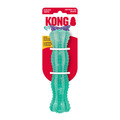 Green stick-shaped dog toy with chewable surface. Shown in its retail packaging.