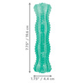Green stick-shaped dog toy with chewable surface. Shown with product dimensions