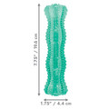 Green stick-shaped dog toy with chewable surface. Shown with product dimensions