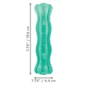 Green stick-shaped dog toy with chewable surface. Shown with product dimensions