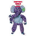 Purple and blue striped elephant shaped plush toy with extended limbs. Shown in its retail packaging.