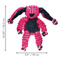 Pink and black striped plush rabbit shaped toy with long dangling limbs. Shown with product dimensions