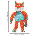 Orange and blue striped fox shaped plush toy with floppy limbs. Shown with product dimensions