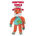 Orange and blue striped fox shaped plush toy with floppy limbs. Shown in its retail packaging.