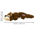 Plush squirrel dog toy with flat tail and stitched details. Shown with product dimensions