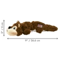 Plush squirrel dog toy with flat tail and stitched details. Shown with product dimensions