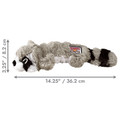 Plush raccoon dog toy with striped tail and embroidered facial feature. Shown with product dimensions