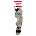 Plush raccoon dog toy with striped tail and embroidered facial feature. Shown in its retail packaging.