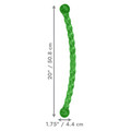 Green twisted hard dog toy with balled handle.  Shown with product dimensions