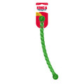 Green twisted hard dog toy with balled handle.  Shown in its retail packaging.