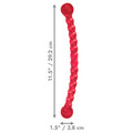 Red twisted hard dog toy with balled handle.  Shown with product dimensions