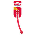 Red twisted hard dog toy with balled handle.  Shown in its retail packaging.