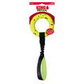 Bright Yellow with black dots ring-shaped dog toy with raised bumps.  Shown in its retail packaging.