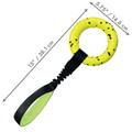 Bright Yellow with black dots ring-shaped dog toy with raised bumps.  Shown with product dimensions