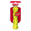 Bright Yellow with black dots bone-shaped dog toy with raised bumps.  Shown in its retail packaging.