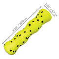 Bright Yellow with black dots bone-shaped dog toy with raised bumps.  Shown with product dimensions