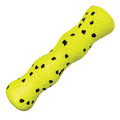 Bright Yellow with black dots bone-shaped dog toy with raised bumps.