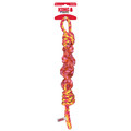 Pink and orange twisted rope dog toy with knotted ends and chewable texture. Shown in its retail packaging.