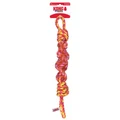 Pink and orange twisted rope dog toy with knotted ends and chewable texture. Shown in its retail packaging.