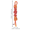 Blue and Green twisted rope dog toy with knotted ends and chewable texture. Shown with product dimensions
