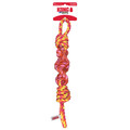 Blue and Green twisted rope dog toy with knotted ends and chewable texture. Shown in its retail packaging.