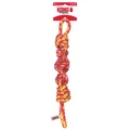 Blue and Green twisted rope dog toy with knotted ends and chewable texture. Shown in its retail packaging.
