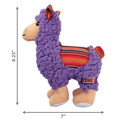 Plush purple llama dog toy with fuzzy texture and stitched smile. Shown with product dimensions