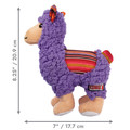 Plush purple llama dog toy with fuzzy texture and stitched smile. Shown with product dimensions