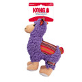 Plush purple llama dog toy with fuzzy texture and stitched smile. Shown in its retail packaging.