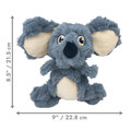 Blue plush koala dog toy with embroidered facial features and soft limbs. Shown with product dimensions