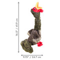 Plush turkey dog toy with long neck, and floppy wings. Shown with product dimensions
