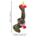Plush turkey dog toy with long neck, and floppy wings. Shown with product dimensions