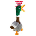 Plush mallard duck dog toy with long neck, and floppy wings. Shown in its retail packaging.