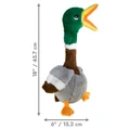 Plush mallard duck dog toy with long neck, and floppy wings. Shown with product dimensions