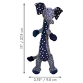 Plush blue elephant  plush dog toy with long thin body. Shown with product dimensions