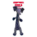 Plush blue elephant  plush dog toy with long thin body. Shown in its retail packaging.