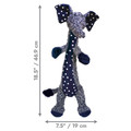 Plush blue elephant  plush dog toy with long thin body. Shown with product dimensions