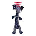 Plush blue elephant  plush dog toy with long thin body. Shown in its retail packaging.