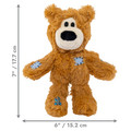 Brown plush bear dog toy with stitched face and soft body. Shown with product dimensions