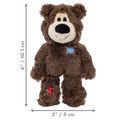 Brown plush bear dog toy with stitched face and soft body. Shown with product dimensions