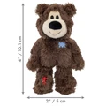 Brown plush bear dog toy with stitched face and soft body. Shown with product dimensions