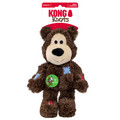 Brown plush bear dog toy with stitched face and soft body. Shown in its retail packaging.