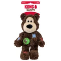 Brown plush bear dog toy with stitched face and soft body. Shown in its retail packaging.