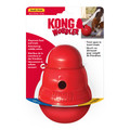 Red beehive-shaped treat dispensing dog toy with center hole. Shown in its retail packaging.