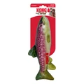 Ranbow Trout Fish-shaped dog toy in green, pink, and white. Shown in its retail packaging.