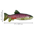 Ranbow Trout Fish-shaped dog toy in green, pink, and white. Shown with product dimensions