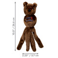Brown plush fox  dog toy with long tethered ends and floppy ears. Shown with product dimensions