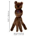 Brown plush fox  dog toy with long tethered ends and floppy ears. Shown with product dimensions
