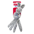 Brown plush fox  dog toy with long tethered ends and floppy ears. Shown in its retail packaging.